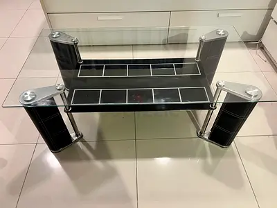 Glass Top Center Table with Black Shelf and Metal Legs