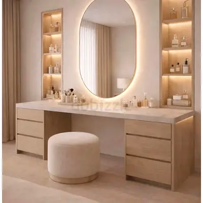 Modern double vanity dressing table with illuminated mirror and stool