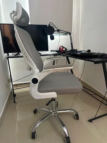 Ergonomic mesh office chair with headrest — light grey, good condition