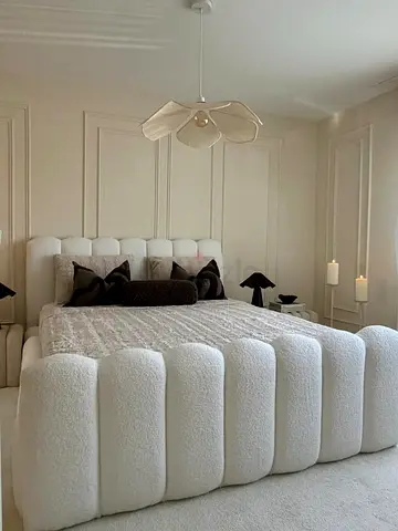Plush White Upholstered King Bed with Padded Headboard and Footboard