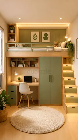 Loft Bed with Built-in Wardrobe, Desk & Storage - Light Wood & Sage Green