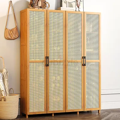 Modern Rattan 4-Door Wardrobe in Natural Wood Finish