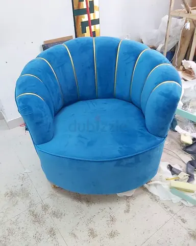 Round Blue Velvet Accent Chair with Gold Trim (60cm)