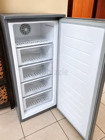 Compact Silver Upright Freezer with 4 Transparent Drawers