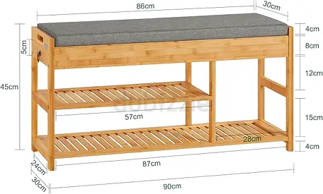 Bamboo Shoe Bench with Cushion and Two Shelves - 90cm