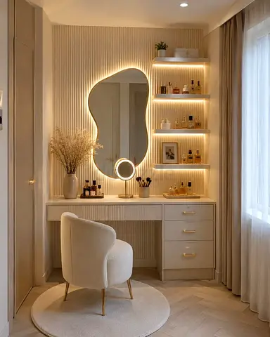 Modern Dressing Table with Backlit Mirror and Shelves