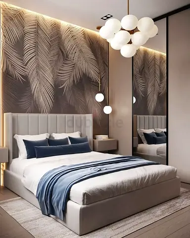 Modern upholstered king-size bed with padded headboard