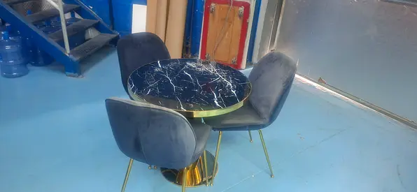 Round Black Marble Effect Dining Table with 3 Velvet Chairs