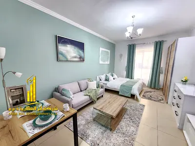 Luxury studio apartment, first occupancy, with a separate kitchen and open view. Fully furnished. ✨ Ajman, Jasmine Towers. For monthly rent.