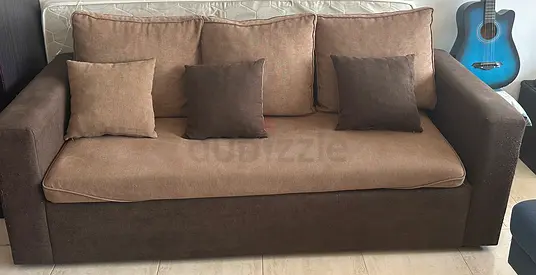 Brown 3-Seater Fabric Sofa with Cushions - Good Condition