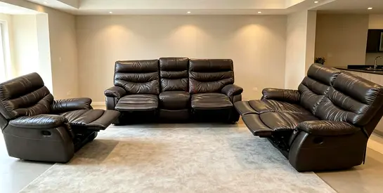 Brown Leather Recliner Sofa Set — 3-seater + 2 Recliners, Good Condition
