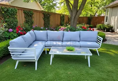 Outdoor L-shaped Aluminum Frame Garden Sofa Set with Cushions and Coffee Table