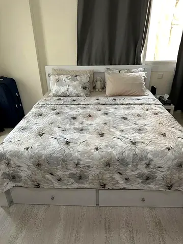 Home box, King bed frame with under-bed drawers and matching mattress (white) - excellent condition