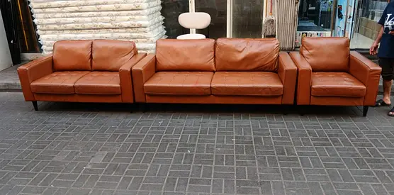3-piece Tan Leather Sofa Set — 2-seater, 3-seater and Armchair