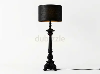 Black baroque-style wooden Floor Lamp with black Fabric Shade - 135 cm