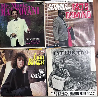 Collection of 4 Vintage Vinyl Records — Mantovani, Fats Domino, Laura Branigan, Blaster Bates