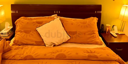 Queen bed frame with headboard and matching 2 bedside tables and mattress in good condition