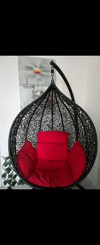 Hanging Egg/Rattan Swing Chair with Stand and Red Cushions