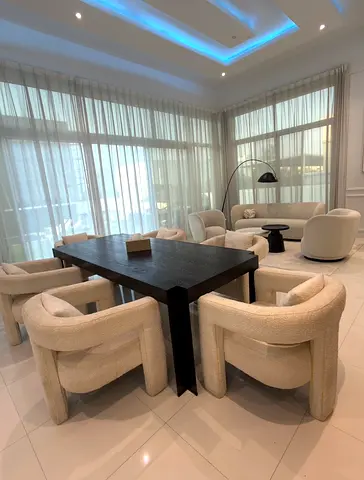 Modern Black Dining Table with 6 Cream/white Bouclé Chairs - Good Condition