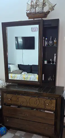 Single bed Wooden with Dresser with Large Mirror and Side Shelves - Good Condition