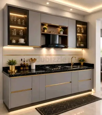 Modern Grey Kitchen Cabinet Set with Marble Countertop and LED Lighting