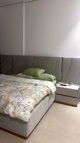 Modern Upholstered King Bed with Padded Headboard and Bedside Table