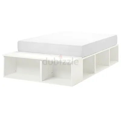 Ikea White platform bed frame with built-in open storage shelves (single/queen support)
