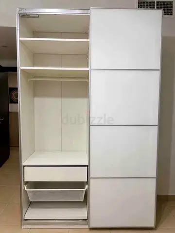 White Sliding Door Wardrobe with Shelves and Drawers - Good Condition