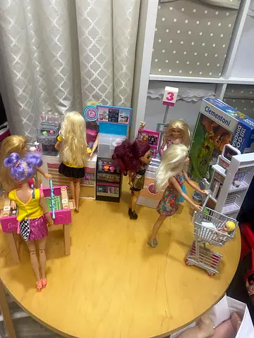 Barbie dolls, Barbie supermarket with pink tabletop foosball table and accessories set