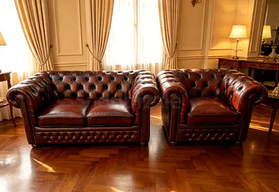 Genuine Leather Chesterfield Sofa and Armchair Set - Classic Red