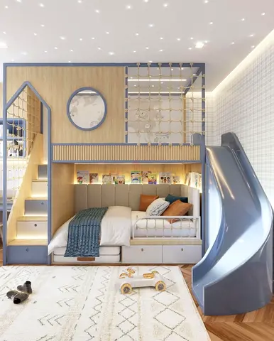 Kids Bunk Bed with Slide and Storage - Modern Playful Design