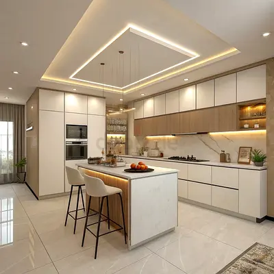 Modern white and wood kitchen with island