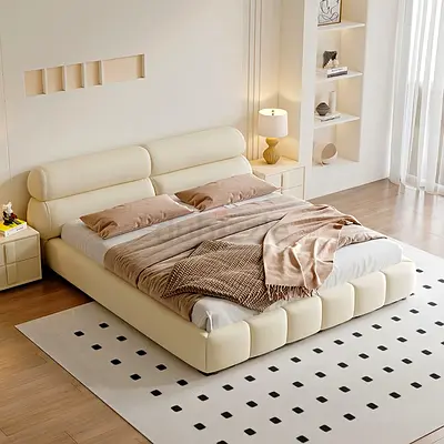 Low-Profile Modern Cream Leather King Bed with Padded Headboard