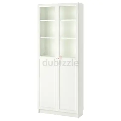 BILLY / OXBERG Bookcase with panel/glass doors, white, 80x30x202 cm