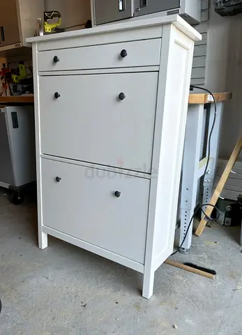 White Wooden Shoe Cabinet / Hallway Storage Unit - 2 Tilting Drawers + Top Drawer