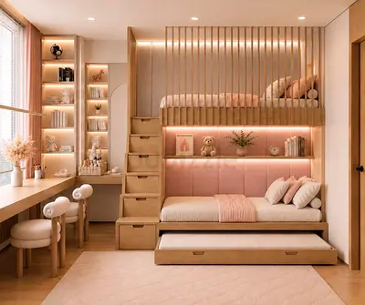 Custom-made kids bunk bed with storage and study area – light wood finish