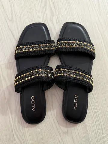 ALDO black woven double-strap flat sandals, size UK 5, gently used