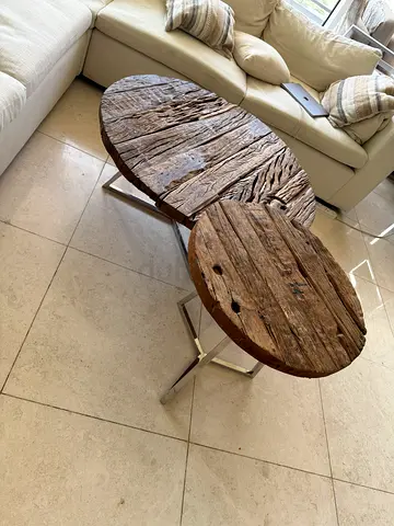Marina Homes Pair of Rustic Reclaimed Wood Round Nesting Coffee Tables