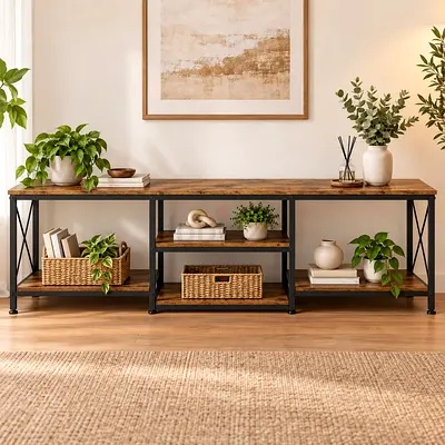 Wood and Black Metal Console TV Stand with Open Shelves