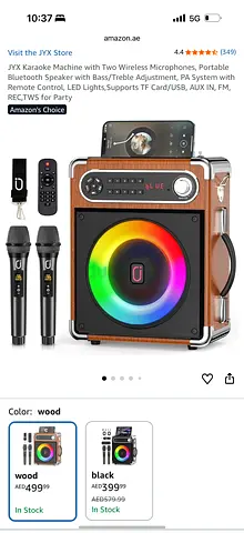 JYX Karaoke Machine with Two Wireless Microphones, Portable Bluetooth Speaker with Bass/Treble Adjus