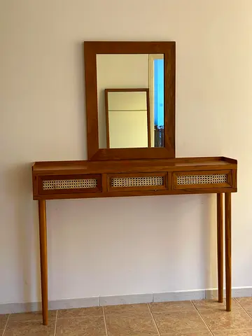 Wooden Console Table with Mirror and Woven Drawer Fronts