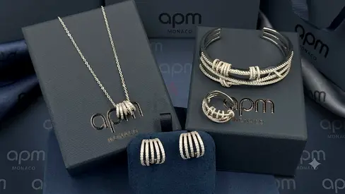 APM Monaco silver plated jewelry set — necklace, bracelet, ring, cuff and earrings