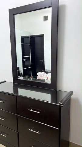 Dark Wood bed with long Mirror