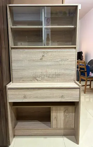 Light Oak Display Cabinet with Glass Doors and Storage