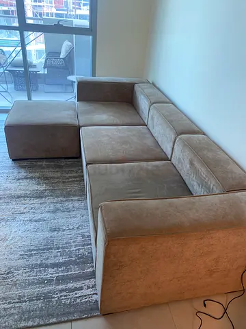 Light brown 3-seater fabric sofa with ottoman - good condition