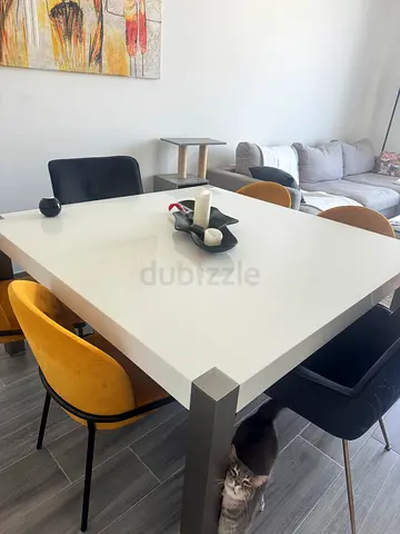 White Rectangular Dining Table with Metal Legs - Good Condition