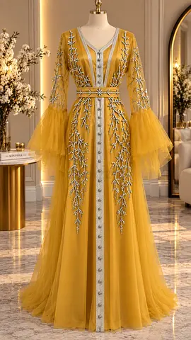 Yellow embroidered long abaya/kaftan with embellished belt - like new