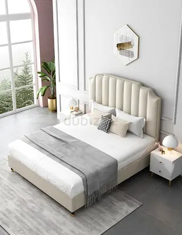 Beige Upholstered Double Bed with Padded Headboard