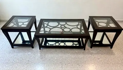 Glass Top Coffee Table with Two Matching Side Tables - Dark Wood