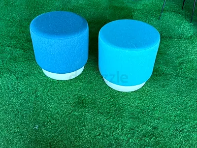 Pair of Round Blue Upholstered Ottomans / Stools